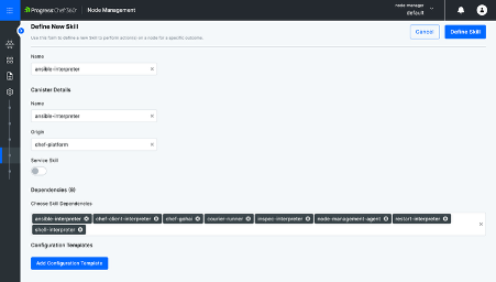Screenshot of Progress Chef 360 UI titled Define New Skill